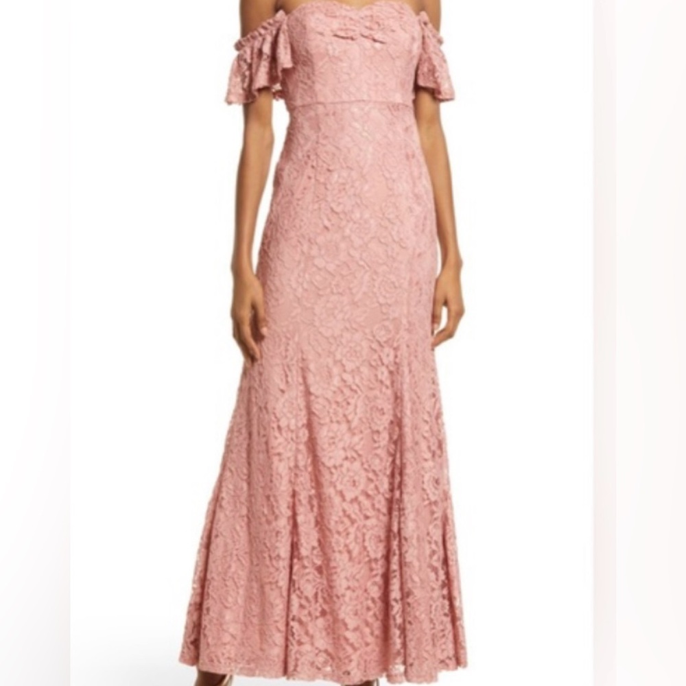 Lulus Swept Up Maeve Pink Lace Off-the-Shoulder Mermaid Maxi Dress Medium